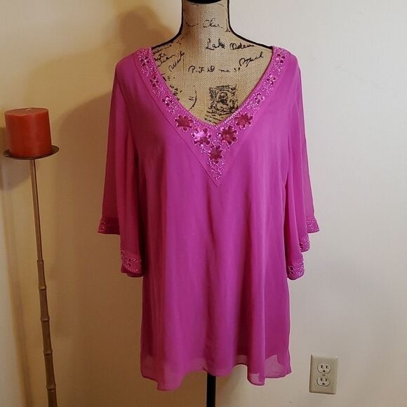 NWT American Glamour by Badgley Mischka magenta embellished tunic size Large - Picture 1 of 11